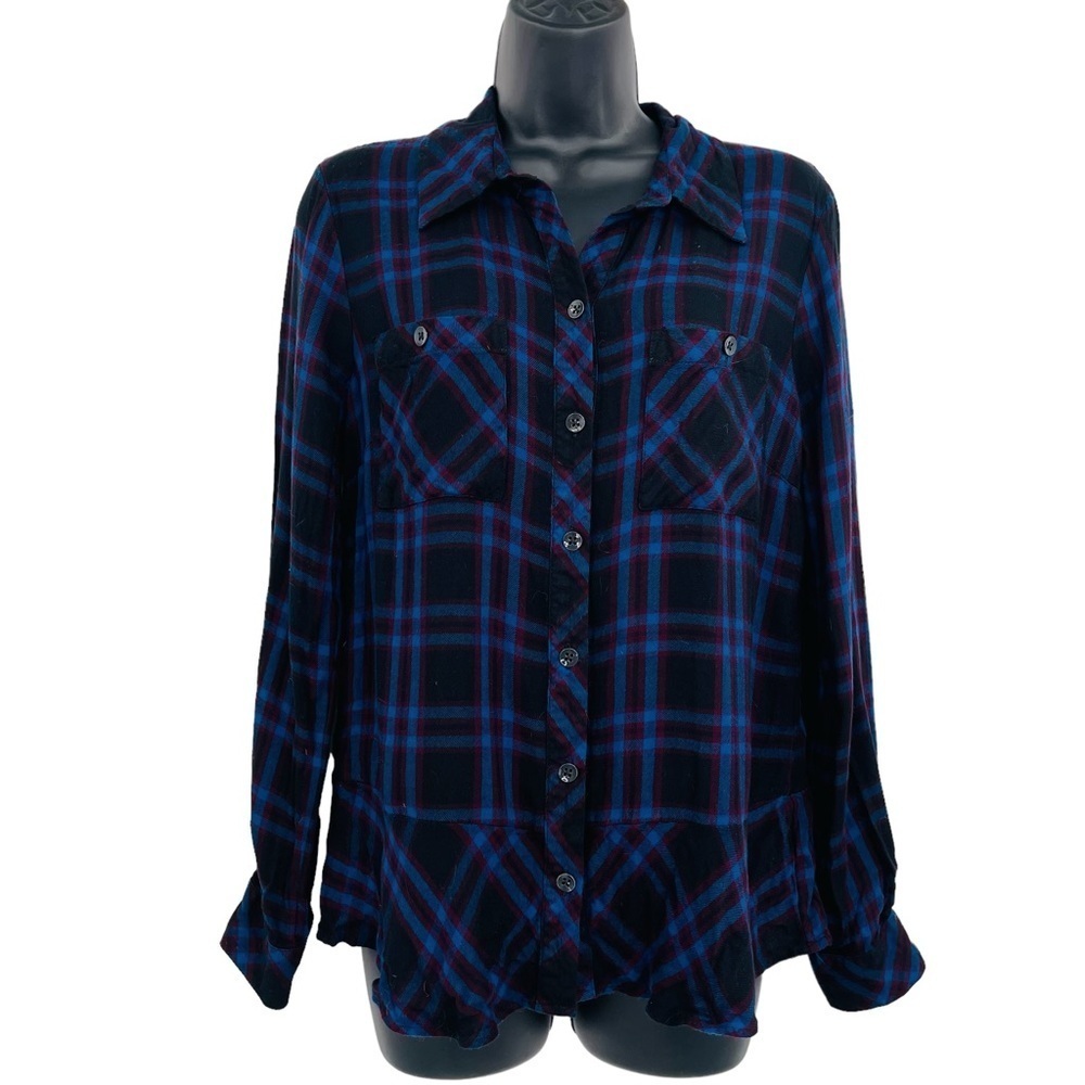 Cabi check shirt plaid peplum button front long sleeve ruffle size‎ M 3431